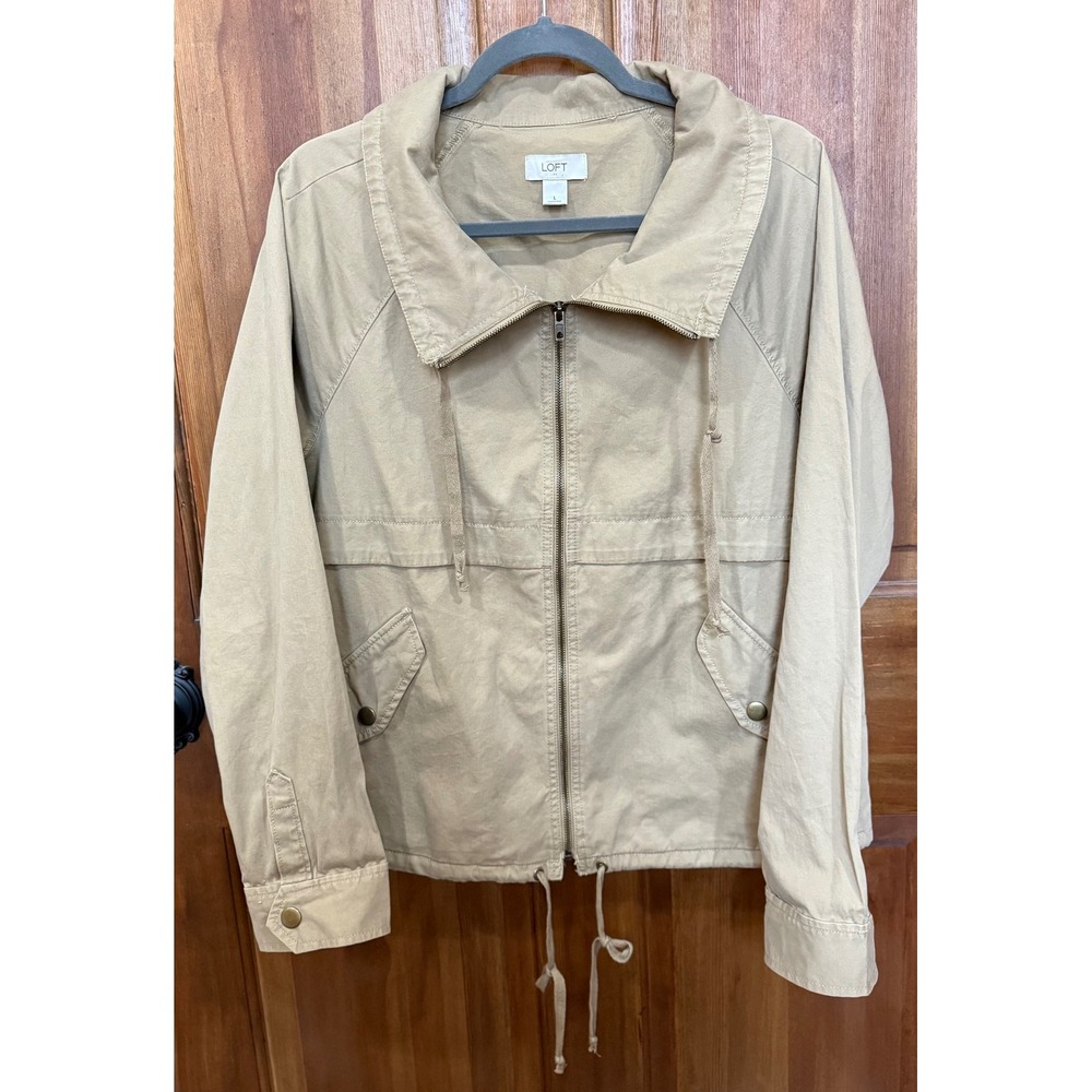 LOFT Lightweight Utility Jacket Tan Kakhi Full‎ Zip Drawstring Waist Women's L